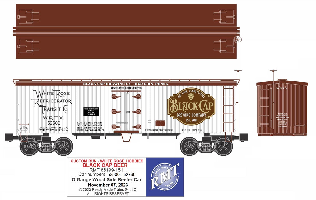 Ready Made Trains (RMT) 86199-151 O Scale 36' Wood Side Reefer Car Black Cap Brewing