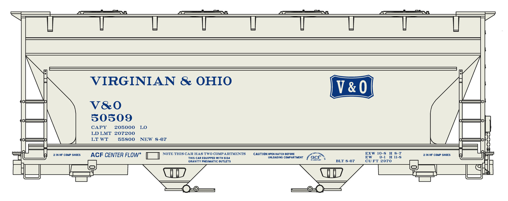 Three Notch HO Scale ACF 2 Bay Covered Hopper Kit V&O Coonskin Logo #s Vary (2022 Release)