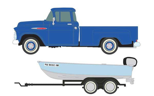 Classic Metal Works 40012 HO Scale (1:87) Blue 1957 Chevy Pickup Truck with  Boat Trailer