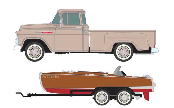 1957 Chevrolet Stepside Pickup Truck Beige with Wood Boat and Trailer 1/87 (HO) Scale Car by Classic Metal Works