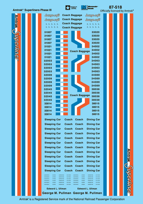 Microscale 87-518 HO Scale Amtrak Superliner Phase III Decals