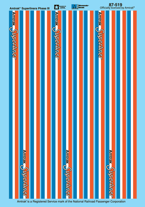 Microscale 87-519 HO Scale Amtrak Superliner Stripes Phase III Decals