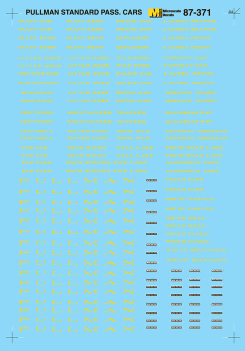 Microscale Decals 87-371 HO Scale Pullman Heavyweight Passenger Cars Yellow Lettering