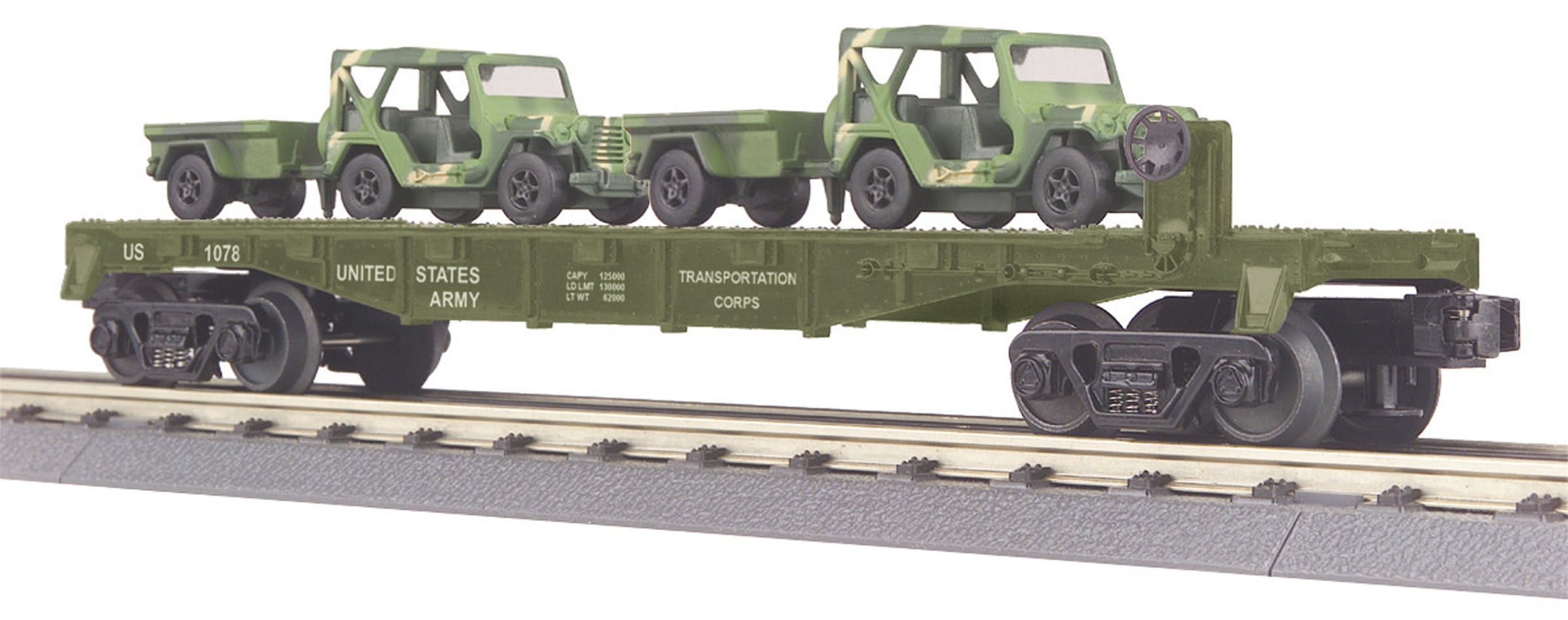 MTH RailKing 30-76041 O Guage Flatcar wth US ARMY Jeeps - NOS — White ...